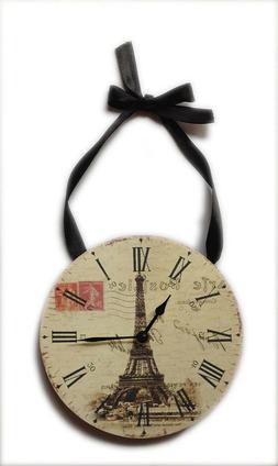 Wall Clock - Vintage Design -Eiffel Tower & Stamps w/Ribbon 