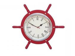 Wooden Red and Nickel Ship Wheel Clock 15" - Nautical Wall C